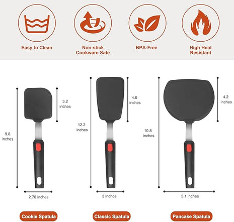 Hotec Silicone Spatula Turner for Nonstick Cookware, Cooking Spatulas 600°F Heat Resistant Large Flexible Rubber Spatula Set of 3, Kitchen Utensils for Flipping Eggs, Burgers, Pancakes, Crepes