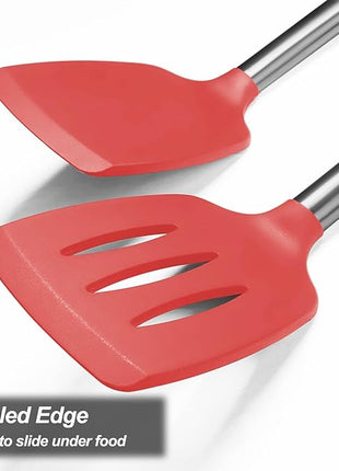 2 Pack Spatulas, Solid & Slotted Silicone Spatula Set, Stainless Steel Handle Coated with Silicone, Non Stick Turners, Heat Resistant Rubber Spatulas for Fish, Eggs, Pancakes, WOK, Red