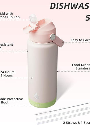 BJPKPK Water Bottle with Straw Lid, 24oz Vacuum Insulated Water Bottles, Metal Stainless Steel Thermo for Sports, Travel, BPA Free Leak Proof Thermo, Cups, Flasks, Tumblers,Pearl Pink