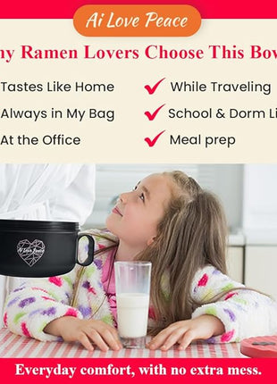 AI LOVE PEACE Ramen Bowl, 40 oz Microwaveable Noodle Cooker for Ramen, Pho, Soup, and Pasta, Dishwasher Safe and Portable, Ideal for Home, Office, Dorm, or Gift (Red)