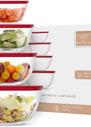 JoyJolt Kitchen Mixing Bowls - 8pc Glass with Lids Set – Neat Nesting Large Bowl Batter Cooking Storage and Big Salad BPA-Free Red