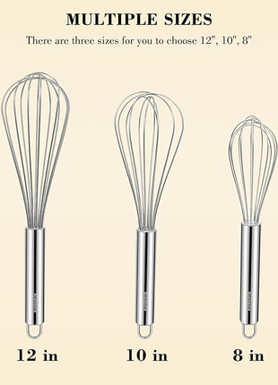 NileHome Stainless Steel Whisk Set 8" 10" 12" Kitchen Whisk Balloon Whisk Kitchen Wisk Wire Whisks for Cooking, Whisking, Blending, Beating, Stirring-3 Pack…