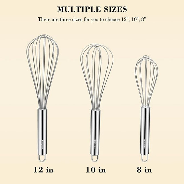 NileHome Stainless Steel Whisk Set 8" 10" 12" Kitchen Whisk Balloon Whisk Kitchen Wisk Wire Whisks for Cooking, Whisking, Blending, Beating, Stirring-3 Pack…