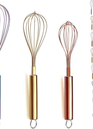Berglander Colorful Whisks Set - Stainless Steel 8" Gold, 10" Rose Gold, 12" Rainbow Wire Whisks for Cooking