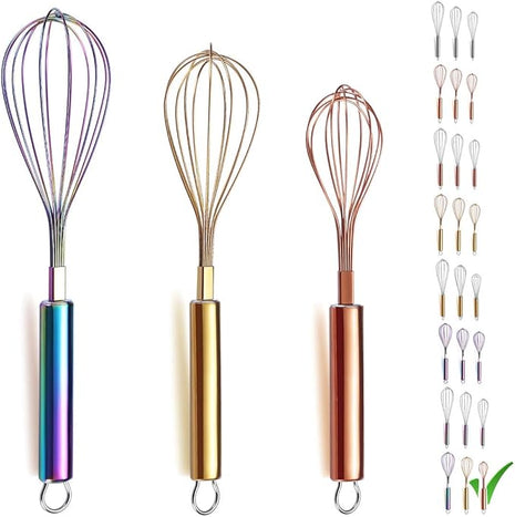 Berglander Colorful Whisks Set - Stainless Steel 8" Gold, 10" Rose Gold, 12" Rainbow Wire Whisks for Cooking