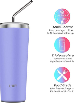 THILY Tumbler Stainless Steel Travel Mug 26 oz Triple-Insulated Coffee Cup with 2 Lids and Straws, Reusable, Powder Coated, Splash-Proof, Keep Ice Drinks Cold, Lavender