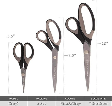 BambooMN Titanium Softgrip Scissors Set for Sewing, Arts, Crafts, Office - 1 Set of 3 - Black w/Grey Inlays