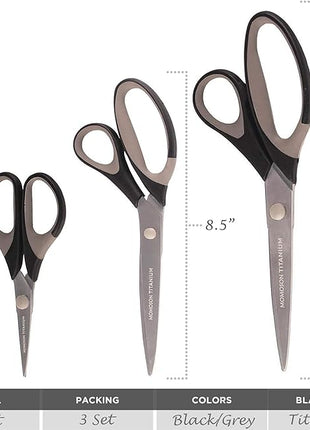 BambooMN Titanium Softgrip Scissors Set for Sewing, Arts, Crafts, Office - 10 Sets of 3 - Black w/Grey Inlays