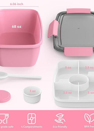 Cherrysea 2Pack Salad Lunch Container, 68oz Salad Bowls with 4 Compartments Tray,Leak Proof Lunch Box with Fork for Men,Women BPA-Free Snack Container with Sauce Container for Dressings-Pink