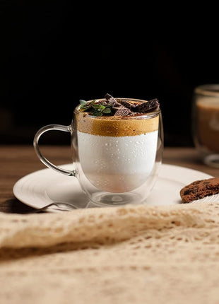 LIBWYS 4 Pack 250ml Double Walled Glass Coffee Mugs with 4 Spoons, Cappuccino Latte Tea Cups with Handle, Heat Resistant Drinking Glasses