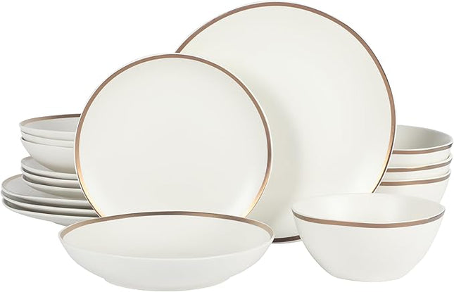 Gibson Elite Kings Road Double Plates and Bowl Organic Round Porcelain Chip and Scratch Resistant Dinnerware Set - Matte White w/Gold Rim
