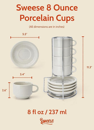 Sweese Porcelain Cappuccino Cups Set - 8 oz Stackable Coffee Mugs with Saucers, Metal Stand, Dove Grey, Set of 4