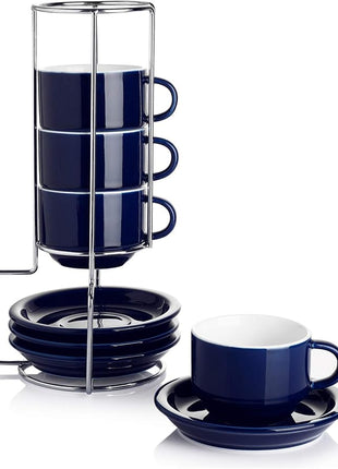 Sweese 2.5 Ounce Porcelain Stackable Espresso Cups with Saucers and Metal Stand Set of 4, Navy