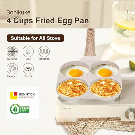 Fried Egg Pan, Egg Frying Pan 4 Cups Egg Poacher Pan Nonstick Mini Pancake Pan Burger Maker for Breakfast, Aluminum Alloy (White)