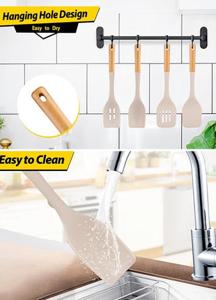 Pack of 4 Silicone Kitchen Utensils Set, Non Stick Solid Spatulas and Heat Resistant Slotted Spoons with Wooden Handle, Ideal BPA Free Cooking Utensils for Mixing,Serving,Turning,Stirring(KHAKI)