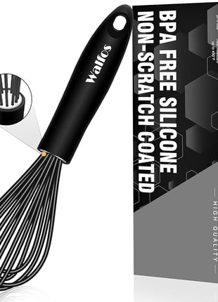 Walfos Silicone Whisk, Stainless Steel Wire Whisk - Heat Resistant Kitchen Whisks for Non-stick Cookware, Balloon Egg Beater Perfect for Blending, Whisking, Beating, Frothing & Stirring, 8.5", Black