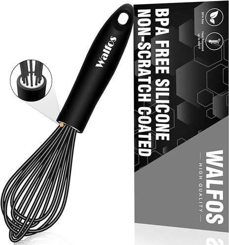 Walfos Silicone Whisk, Stainless Steel Wire Whisk - Heat Resistant Kitchen Whisks for Non-stick Cookware, Balloon Egg Beater Perfect for Blending, Whisking, Beating, Frothing & Stirring, 8.5", Black