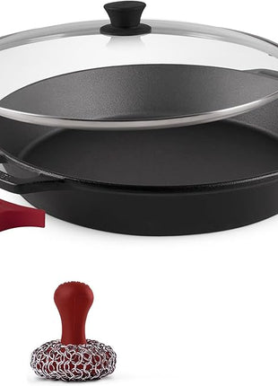 Cuisinel Cast Iron Skillet + Glass Lid + Red Chainmail Scrubber - 15"-Inch Dual Handle Braiser Frying Pan + Silicone Handle Covers - Pre-Seasoned Oven, Grill, Stovetop, Fire Cookware - Indoor/Outdoor