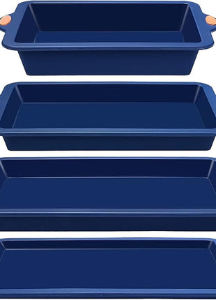 To encounter Silicone Baking Pans Set, 4 Pieces Nonstick Bakeware Set with Baking Pans, Baking Sheets, Cookie Sheets, Cake Pan with Grips and Metal Reinforced Frame More Strength, Navy Blue