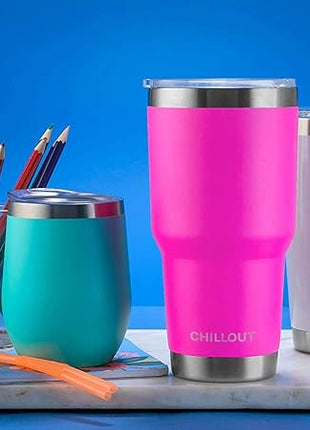Stainless Steel Travel Mug with Handle 30 oz - 6 Piece Set. Tumbler with Handle, Straw, Cleaning Brush & 2 Lids. Double Wall Insulated Large Coffee Mug Bundle - Hot Pink Powder Coat Tumbler