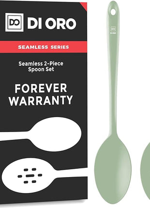 DI ORO Silicone Spoons for Cooking - Large Kitchen Spoons for Mixing, Serving, & Stirring - 600°F Heat-Resistant Non Stick Utensils – Big Solid & Slotted Basting Spoons - Dishwasher Safe (2pc, Sage)