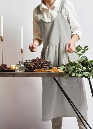 Uaussi Cotton Linen Apron Cross Back Work Apron for Women with Pockets Pinafore Dress X Cross Halter Apron for Chef Gardening
