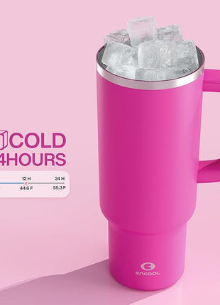 ENCOOL 40 oz Tumbler with Handle and Straw: Stainless Steel Insulated Tumbler Keeps Cold for 24 Hours, Leakproof Travel Cup Fits in Cup Holder and BPA-Free,Persian Rose