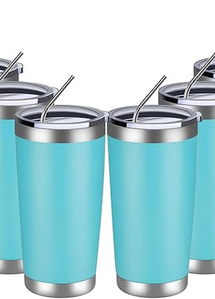 MEWAY 20oz Tumbler 8 Pack Double Wall Vacuum Insulated Travel Mug Bulk, Stainless Steel Tumblers with Lid and Straw, Durable Powder Coated Coffee Cups for Cold & Hot Drinks (Light Blue, 8)