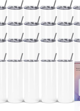 24 Pack 20 Oz Straight Skinny Tumblers,Individually Gift Boxed Stainless Steel Slim Skinny Tumbler Set Bulk, 20 Oz Insulated Slim Thin Travel Tumbler Cup for Diy, White