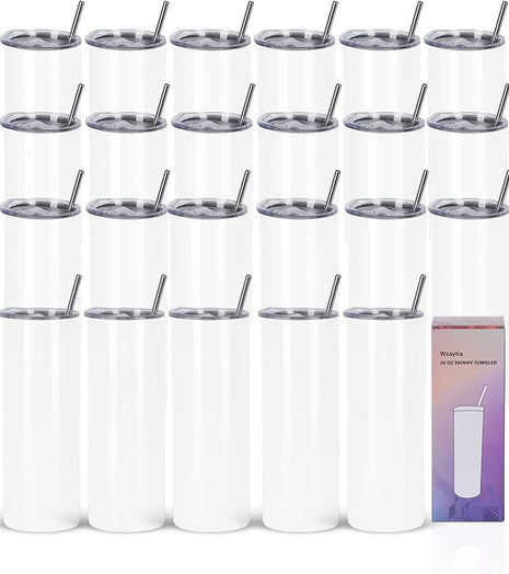 24 Pack 20 Oz Straight Skinny Tumblers,Individually Gift Boxed Stainless Steel Slim Skinny Tumbler Set Bulk, 20 Oz Insulated Slim Thin Travel Tumbler Cup for Diy, White