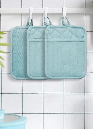 Pot Holders Yarn-Dyed Set of 3 Non Slip Silicone Kitchen Lines Heat Resistant 500℉ Kitchen Gloves BBQ Cooking Baking Cooking Barbecue Microwave Machine Washable (Light Blue Potholders)