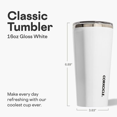 Corkcicle Classic Tumbler - Keeps Drinks Cold for 9 Hours & Hot for 3 - Triple-Insulated Stainless Steel - Holiday Tumbler Gift - 16 oz - Gloss White