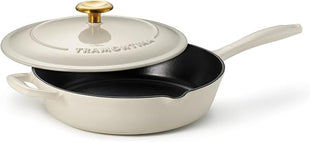 Tramontina Bestow Enameled Cast Iron Skillet with Lid, 10-inch Frying Pan, Latte with Gold Knob