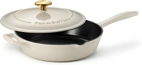 Tramontina Bestow Enameled Cast Iron Skillet with Lid, 10-inch Frying Pan, Latte with Gold Knob