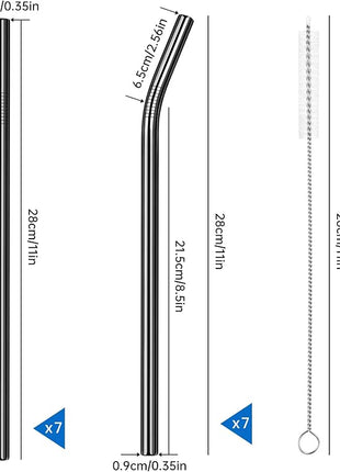 Tomorotec 11 Inch Stainless Steel Reusable Drinking Straws 14PCS & 2 Cleaning Brushes Set with Curved & Straight Designs, Compatible with 30oz Stanley Tumblers, Dishwasher Safe, BPA-Free (Black)