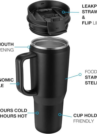 50 oz Tumbler with Handle, Insulated Tumblers with Lid and Straw, Large Metal Sports Water Bottle Jug, Thermal Stainless Steel Travel Coffee Mug Cup, Indigo Black