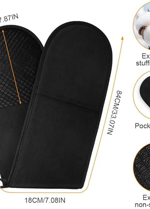 AUAUY Black Double Oven Mitts, 250°C/482°F Heat Resistant BBQ Mittens with Ropes, Silicone Non-Slip Design Kitchen Mittens, Cooking Glove Top Kitchen Gadgets for Cooking Baking Grilling