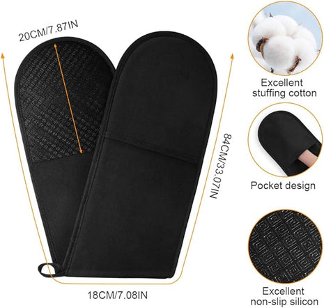 AUAUY Black Double Oven Mitts, 250°C/482°F Heat Resistant BBQ Mittens with Ropes, Silicone Non-Slip Design Kitchen Mittens, Cooking Glove Top Kitchen Gadgets for Cooking Baking Grilling