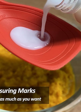 2 Pack Large Silicone Cooking Spoon, Non-Stick Slotted and Solid Spoon set with Deep Bolw and Measurement Mark for Mixing, Serving, Draining, Scooping, Scraping, Heat Resistant Kitchen Utensils, Red