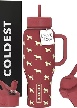 Coldest Tumbler with Handle and Straw - 100% Leak Proof Insulated Tumbler with Lid and Straw (3 Lids) - Stainless Steel Tumblers for Women & Men - Cup Holder Friendly Base, 36 oz (Baby Puppy)