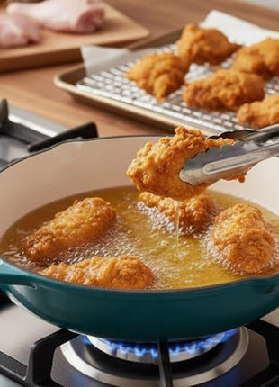 Hamilton Beach Enameled Cast Iron Fry Pan 12-Inch Navy, Cream Enamel Coating, Skillet Pan For Stove top and Oven, Even Heat Distribution, Durable