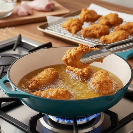 Hamilton Beach Enameled Cast Iron Fry Pan 12-Inch Navy, Cream Enamel Coating, Skillet Pan For Stove top and Oven, Even Heat Distribution, Durable