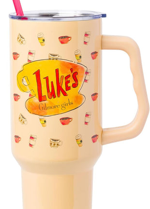 Silver Buffalo Gilmore Girls Luke's Diner Stainless Steel Tumbler with Handle and Straw, Fits in Standard Cup Holder, 40 Ounces