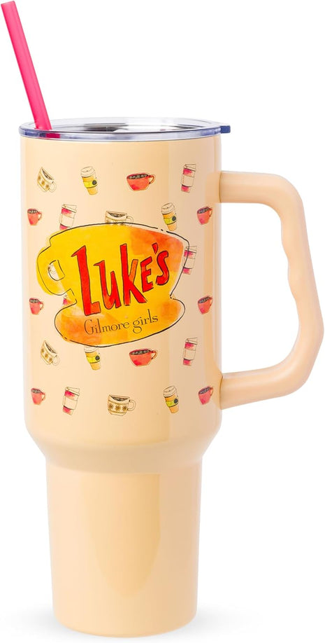Silver Buffalo Gilmore Girls Luke's Diner Stainless Steel Tumbler with Handle and Straw, Fits in Standard Cup Holder, 40 Ounces
