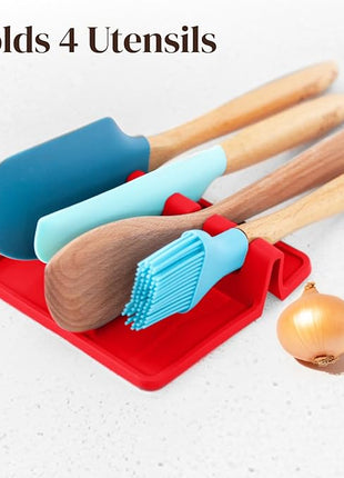 Red Silicone Spoon Rest for Stove Top with Drip Pad (Two Pack) - Heat-Resistant, BPA-Free Utensil Rest & Spoon Holder for Kitchen Counter - Grill Utensil Holder for Spatulas, Tongs, Ladles