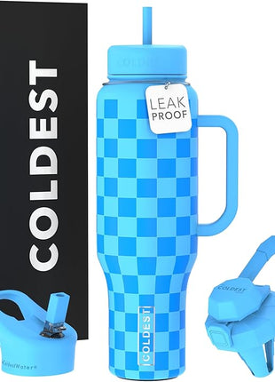 Coldest Tumbler with Handle and Straw - 100% Leak Proof Insulated Tumbler with Lid and Straw (3 Lids) - Stainless Steel Tumblers for Women & Men - Cup Holder Friendly Base, 46 oz (Blue Checkers)