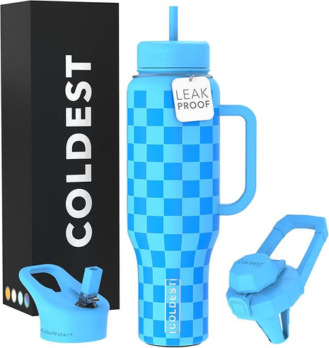 Coldest Tumbler with Handle and Straw - 100% Leak Proof Insulated Tumbler with Lid and Straw (3 Lids) - Stainless Steel Tumblers for Women & Men - Cup Holder Friendly Base, 46 oz (Blue Checkers)