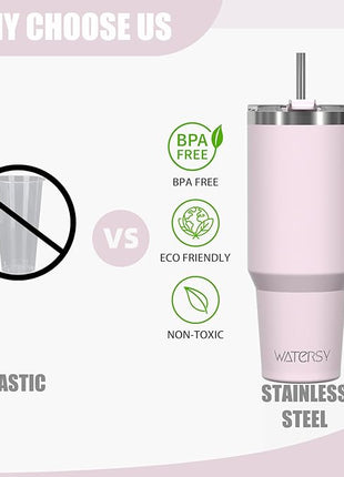 40 oz Tumbler with Handle,Tumbler with Lid and Straw,Double Wall Insulated Cup Stainless Steel Travel Mug(Cold for 34 Hours),Water Bottle for Iced Tea,Coffee,Cold Beverages(Rose Quartz)