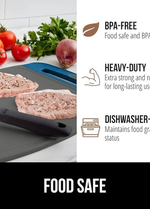 GORILLA GRIP BPA-Free Reversible Kitchen Cutting Board Set of 3, US Designed, Nonporous, Juice Grooves Catch Liquid, Slip Resistant Border, Dishwasher Safe, Durable Food Chopping Boards, Blue Gray