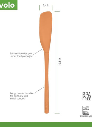 Tovolo Silicone Jar Spatula Long Handled Rubber Scraping Scooping Tool for Peanut Butter Jam Jelly Jars Blenders, Extra Long Flex Core Silicone Jar Scraper Dishwasher Safe BPA Free, Apricot Orange